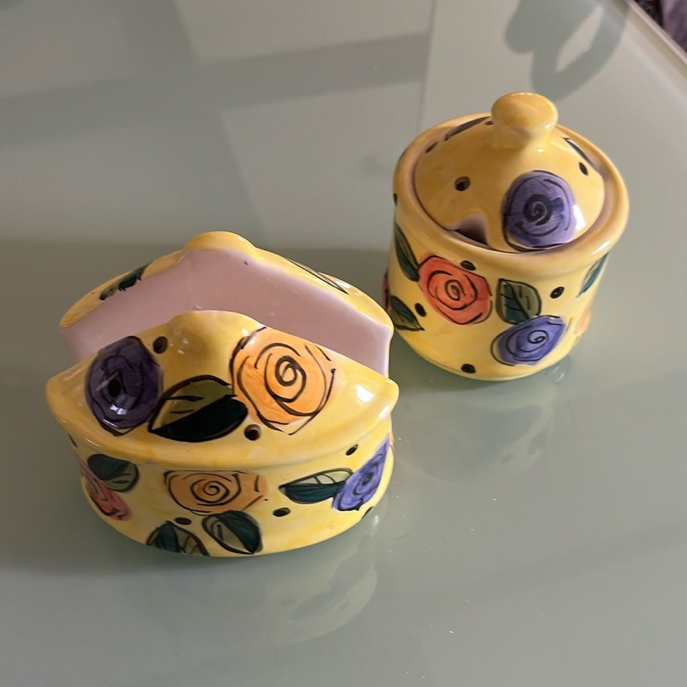 Abstract Yellow Flower design napkin holder and sugar dispenser set